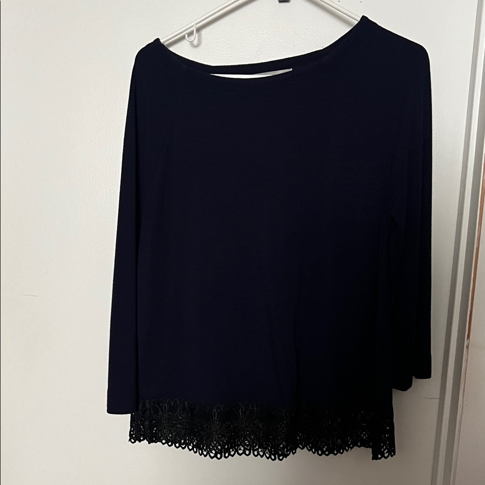 LOFT Navy Blue Long Sleeve Top with Lace Hem